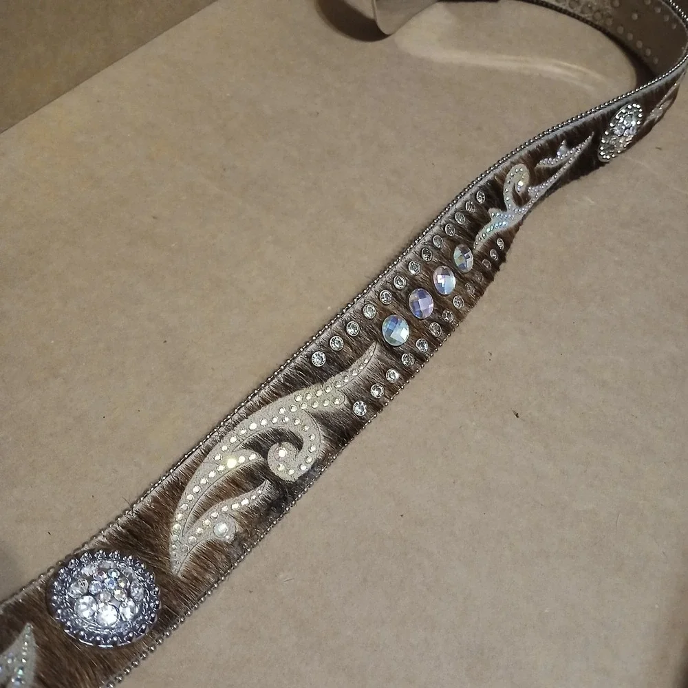 Nocona Women Hair-on Crystal Swirl Rhinestone Cowboy Belt 37" Brown Black - Picture 4 of 6